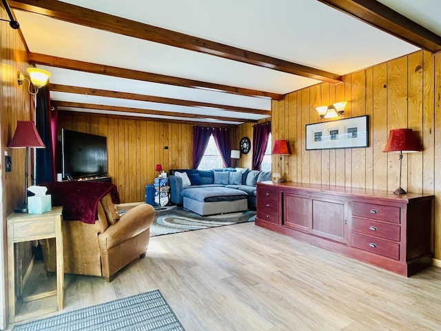 18269 W Woodland Ter, Gurnee, IL 60031 - living room with beamed ceiling, light wood-style flooring, and wood walls