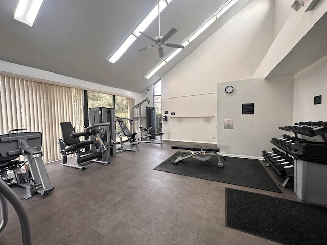 1415 E Central Rd Unit 421C, Arlington Heights, IL 60005 - gym featuring ceiling fan, high vaulted ceiling, and baseboards
