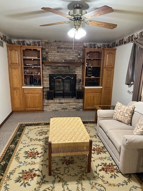 3806 Juniper Ave, Joliet, IL 60431 - living area featuring ceiling fan, a brick fireplace, and light colored carpet