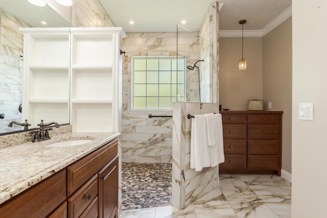 bathroom with marble finish floors, walk in shower, crown molding, vanity, and recessed lighting