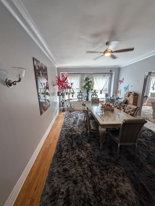 6850 S S Shore Dr Unit 2N, Chicago, IL 60649 - dining space featuring crown molding, light wood-type flooring, ceiling fan, and baseboards