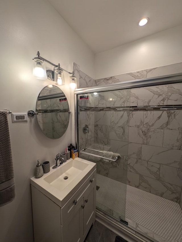 6850 S S Shore Dr Unit 2N, Chicago, IL 60649 - full bath featuring a shower stall, marble finish floors, and vanity