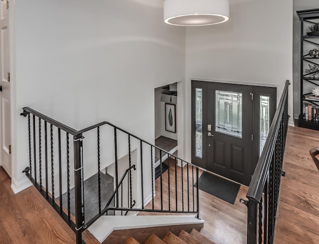entryway featuring wood finished floors, a high ceiling, and baseboards