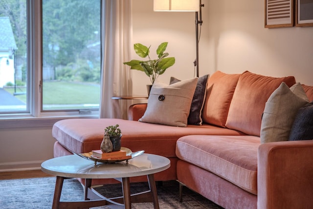 living area featuring baseboards