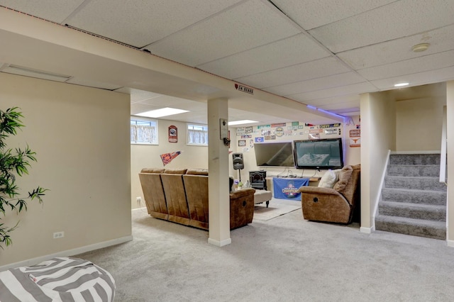 646 E Weston Ct, Round Lake Beach, IL 60073 - basement with carpet floors, a drop ceiling, stairs, and baseboards