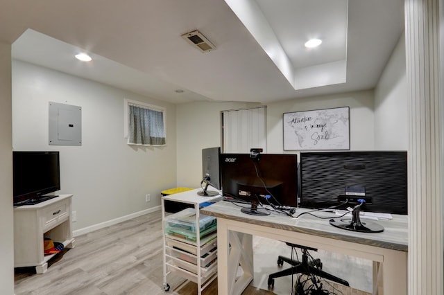 646 E Weston Ct, Round Lake Beach, IL 60073 - office area with baseboards, electric panel, light wood-style floors, recessed lighting, and a tray ceiling