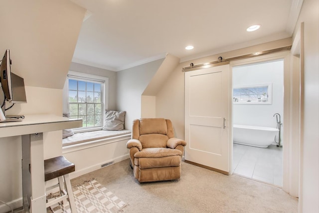 sitting room featuring light colored carpet, crown molding, baseboards, and recessed lighting