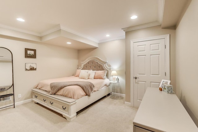 bedroom featuring ornamental molding, light carpet, recessed lighting, and baseboards