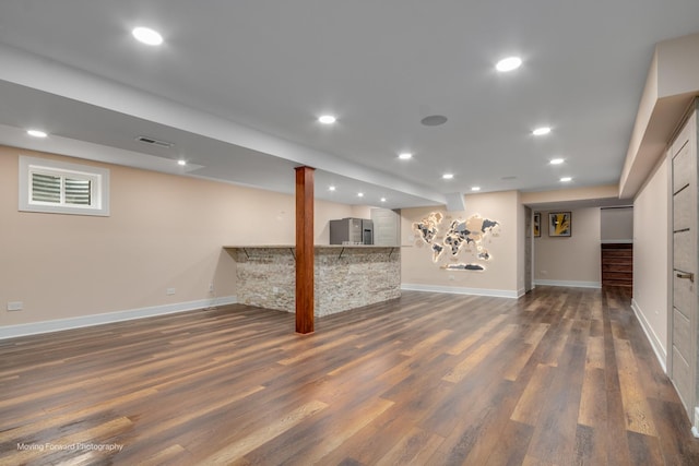 1770 Oxford Dr, Mundelein, IL 60060 - finished basement with freestanding refrigerator, dark wood-type flooring, baseboards, stairs, and recessed lighting