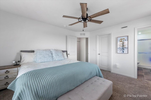 carpeted bedroom featuring baseboards and a ceiling fan