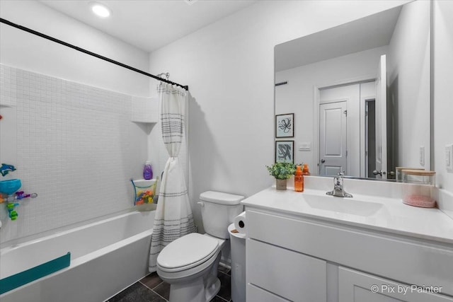 full bath with toilet, vanity, shower / bath combination with curtain, and tile patterned flooring