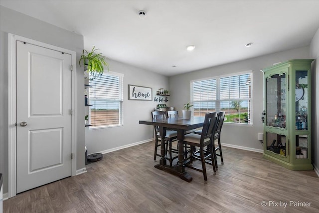 dining space featuring baseboards and wood finished floors