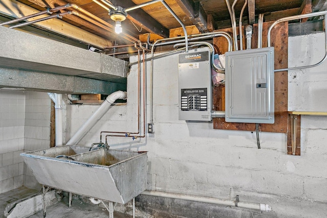 unfinished below grade area featuring electric panel and a sink