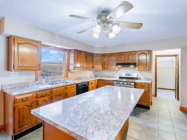 kitchen featuring gas stove, under cabinet range hood, a sink, dishwasher, and light countertops