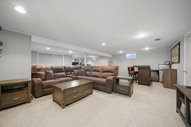 2153 W 107th Pl, Chicago, IL 60643 - living room featuring light colored carpet, a dry bar, and recessed lighting