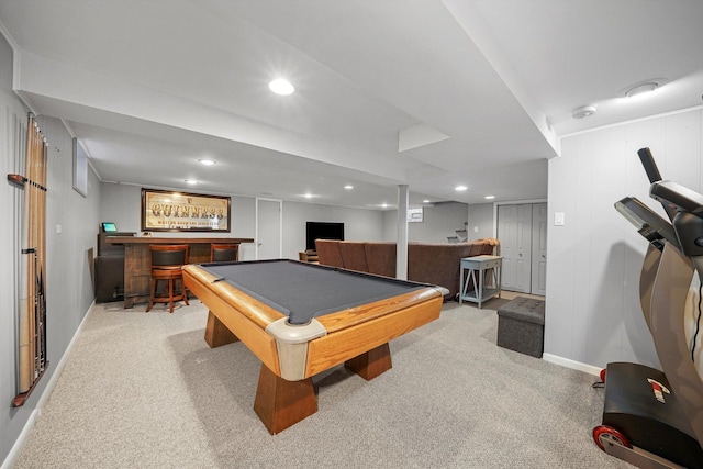 2153 W 107th Pl, Chicago, IL 60643 - game room featuring a bar, carpet floors, baseboards, billiards, and recessed lighting