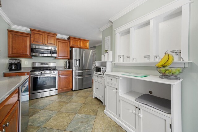 2153 W 107th Pl, Chicago, IL 60643 - kitchen with appliances with stainless steel finishes, ornamental molding, light countertops, and stone finish floors