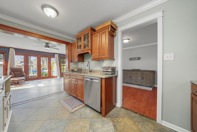 2153 W 107th Pl, Chicago, IL 60643 - kitchen with stainless steel dishwasher, a sink, ornamental molding, light countertops, and brown cabinetry