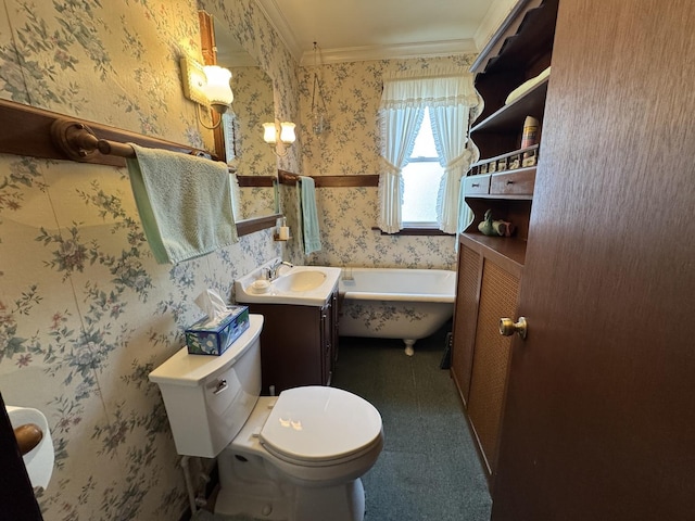 full bathroom featuring toilet, ornamental molding, wallpapered walls, a bath, and vanity