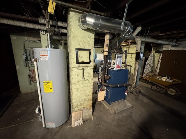 utility room with water heater and a heating unit