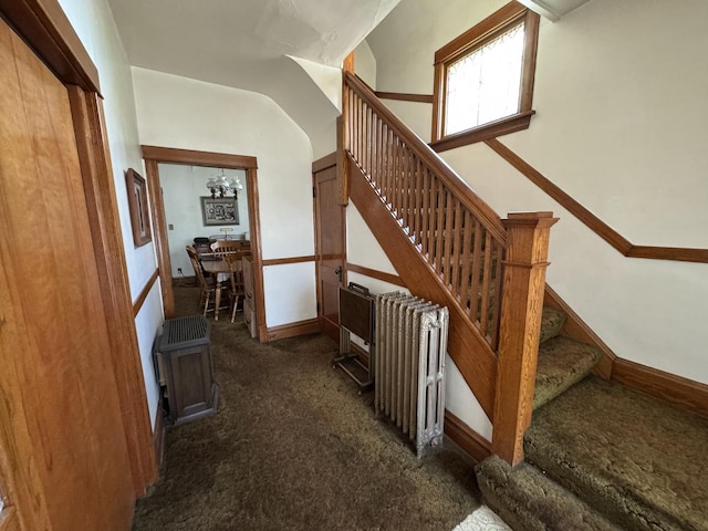 staircase featuring carpet, radiator, and baseboards
