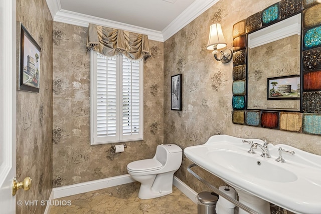 3937 Lakeview Ct, Long Grove, IL 60047 - half bathroom with baseboards, toilet, crown molding, and a sink