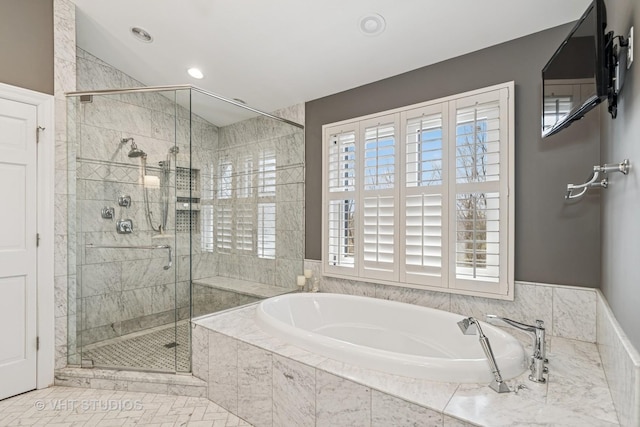 3937 Lakeview Ct, Long Grove, IL 60047 - bathroom featuring a bath, a stall shower, and recessed lighting