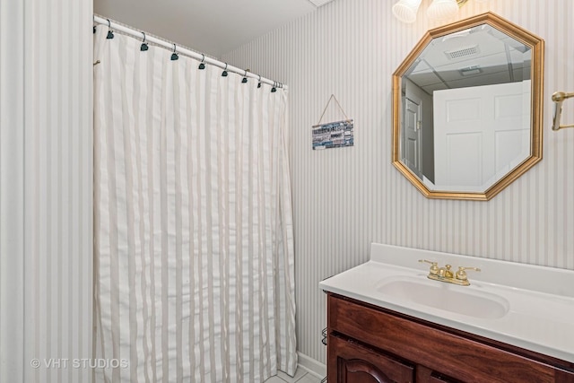 3937 Lakeview Ct, Long Grove, IL 60047 - full bathroom with wallpapered walls, vanity, and a shower with curtain