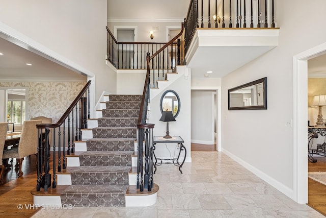 3937 Lakeview Ct, Long Grove, IL 60047 - stairs with crown molding, baseboards, and a high ceiling