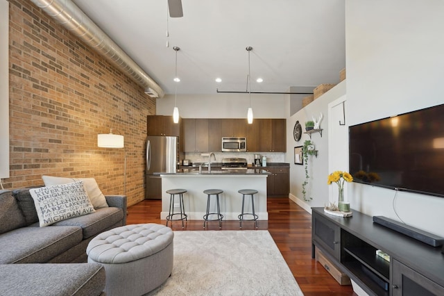 3133 N Lakewood Ave Unit 3I, Chicago, IL 60657 - living area featuring brick wall, a high ceiling, dark wood finished floors, recessed lighting, and a ceiling fan