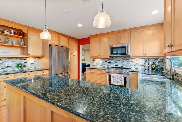 5538 Prairiemoor Ln, Long Grove, IL 60047 - kitchen featuring stainless steel appliances, a sink, dark stone counters, backsplash, and light brown cabinetry