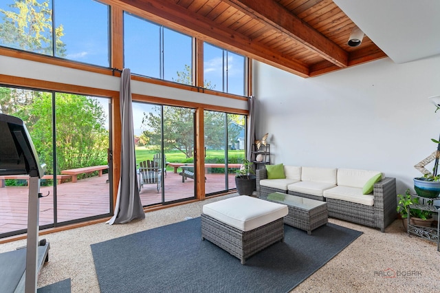 5538 Prairiemoor Ln, Long Grove, IL 60047 - living room with speckle patterned floor, wood ceiling, and beamed ceiling