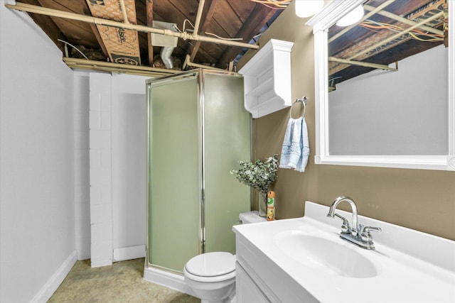 full bathroom with a stall shower, toilet, vanity, baseboards, and concrete flooring