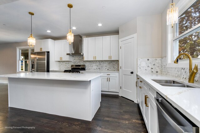 1179 S Taylor Ave, Oak Park, IL 60304 - kitchen with appliances with stainless steel finishes, wall chimney range hood, a sink, dark wood-style flooring, and white cabinetry