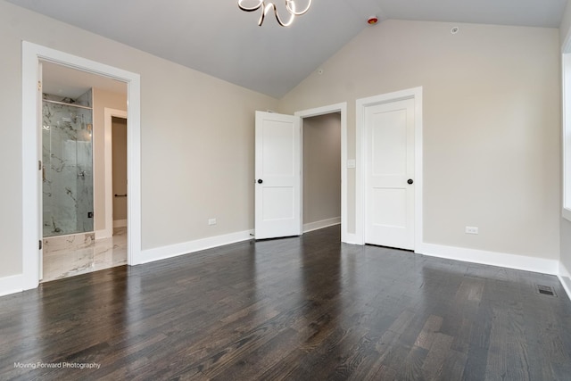 1179 S Taylor Ave, Oak Park, IL 60304 - unfurnished bedroom featuring a chandelier, dark wood finished floors, lofted ceiling, and baseboards