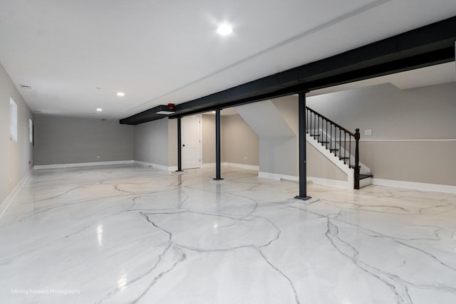 1179 S Taylor Ave, Oak Park, IL 60304 - finished basement with stairway, marble finish floors, recessed lighting, and baseboards