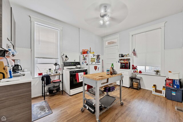 3310 S Lowe St, Chicago, IL 60616 - kitchen with white appliances, ceiling fan, light wood-type flooring, and light countertops
