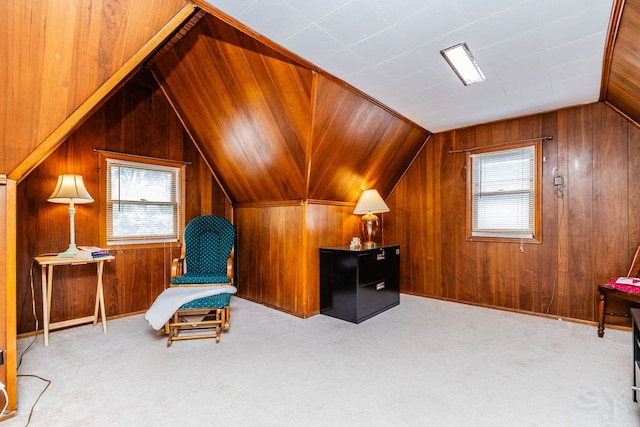 3730 Wenonah Ave, Berwyn, IL 60402 - living area featuring vaulted ceiling, wood walls, and carpet floors