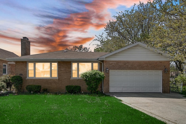 1636 S 14th Ave, Maywood, IL 60153 - ranch-style house with concrete driveway, brick siding, an attached garage, a yard, and a chimney