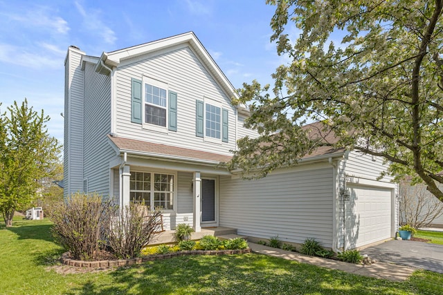 223 Aspen Cir, Gilberts, IL 60136 - traditional-style home with a chimney, covered porch, a front yard, and asphalt driveway