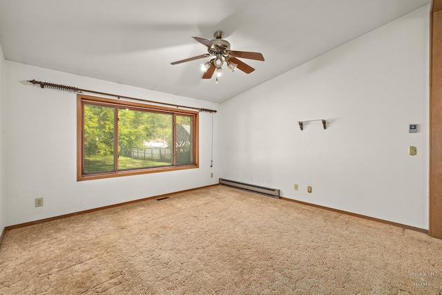 unfurnished room featuring a baseboard radiator, vaulted ceiling, carpet floors, a ceiling fan, and baseboards