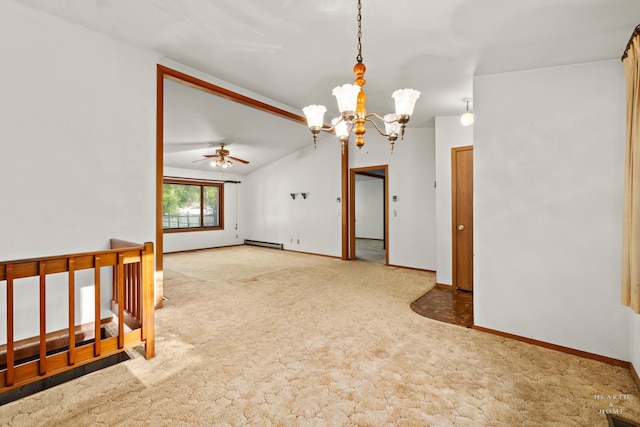 carpeted spare room featuring a chandelier, a baseboard radiator, baseboards, vaulted ceiling, and a ceiling fan