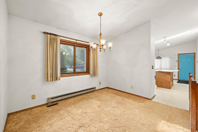 spare room with baseboard heating, lofted ceiling, light colored carpet, a chandelier, and baseboards