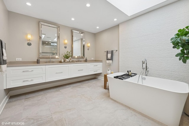 1048 W Webster Ave, Chicago, IL 60614 - bathroom featuring vanity, a freestanding bath, recessed lighting, a skylight, and baseboards
