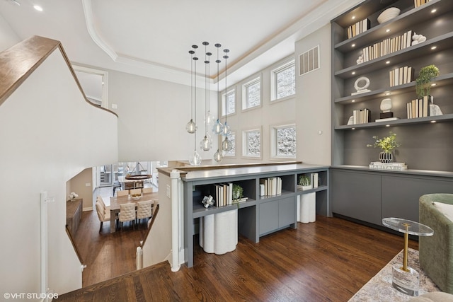 1048 W Webster Ave, Chicago, IL 60614 - kitchen featuring open shelves, dark wood-style floors, gray cabinets, pendant lighting, and ornamental molding