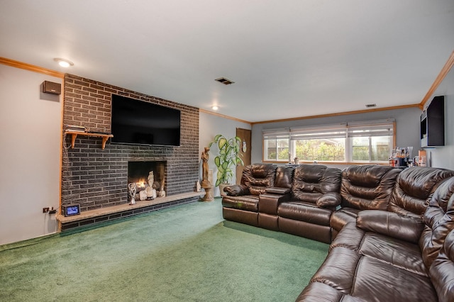 living room with carpet, ornamental molding, and a fireplace