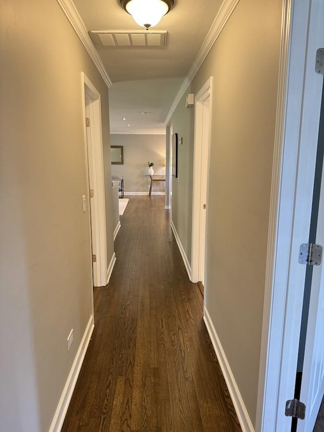 11 S Roberts Rd, Inverness, IL 60067 - hallway featuring dark wood-style floors, crown molding, baseboards, and an upstairs landing