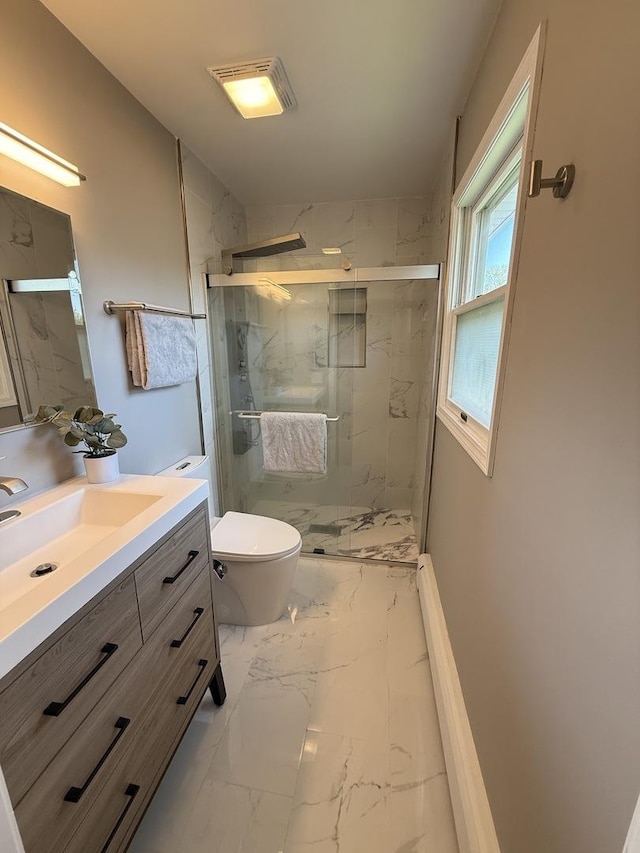 11 S Roberts Rd, Inverness, IL 60067 - bathroom with marble look tiles, toilet, a marble finish shower, and vanity