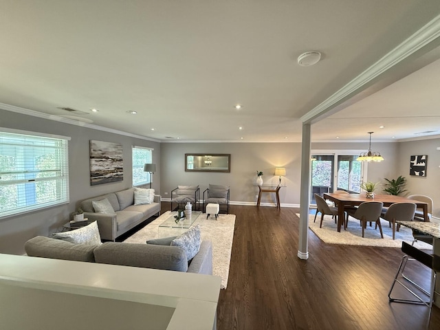 11 S Roberts Rd, Inverness, IL 60067 - living room with ornamental molding, recessed lighting, dark wood finished floors, baseboards, and a chandelier
