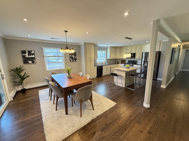 11 S Roberts Rd, Inverness, IL 60067 - dining area featuring baseboards, recessed lighting, ornamental molding, dark wood-style flooring, and a chandelier